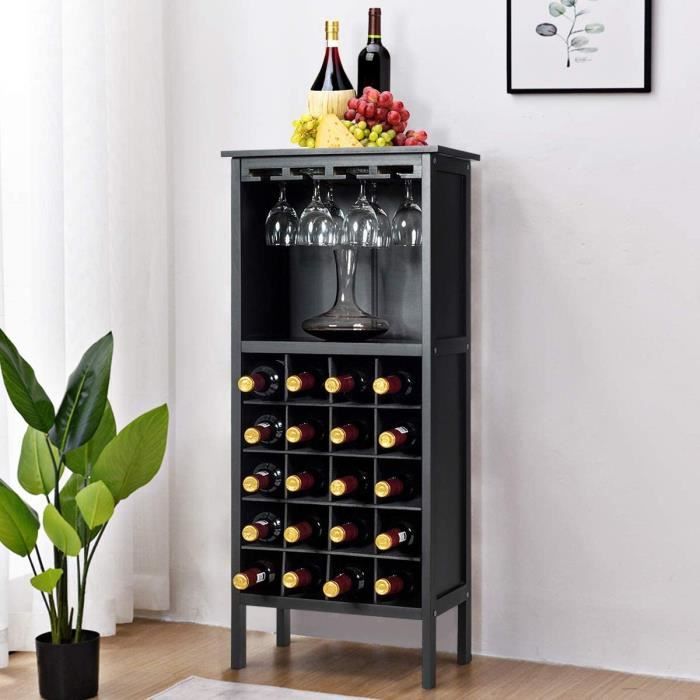 giantex casier à vin pour 20 bouteilles en bois,range-bouteilles/porte-vin à 7 étagères avec 4 porte-gobelets,42x 25x 96cm,noir
