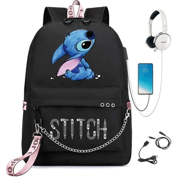 Stitch Print Sac à dos Casque USB Casque Sac d'école pour étudiants Z