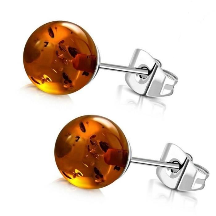 Paire boucles d'oreilles femme enfant fille acier perle pierre ambre (6mm)
