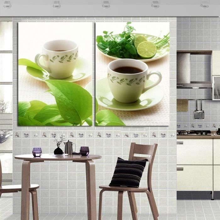 Cuisine Decor Toile Peinture Noir Cafe The Vert Feuille Moderne