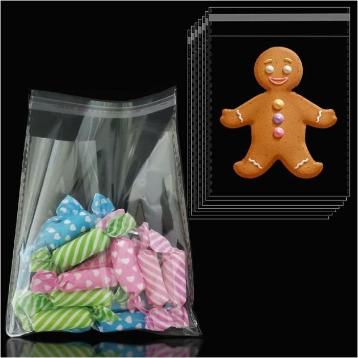 Sachet Plastique Transparent 100pcs, Sachet Bonbon Petit avec Bande