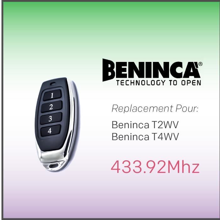 Clone pour télécommande BENINCA T2WV 433.92mHz BIP portail garage 