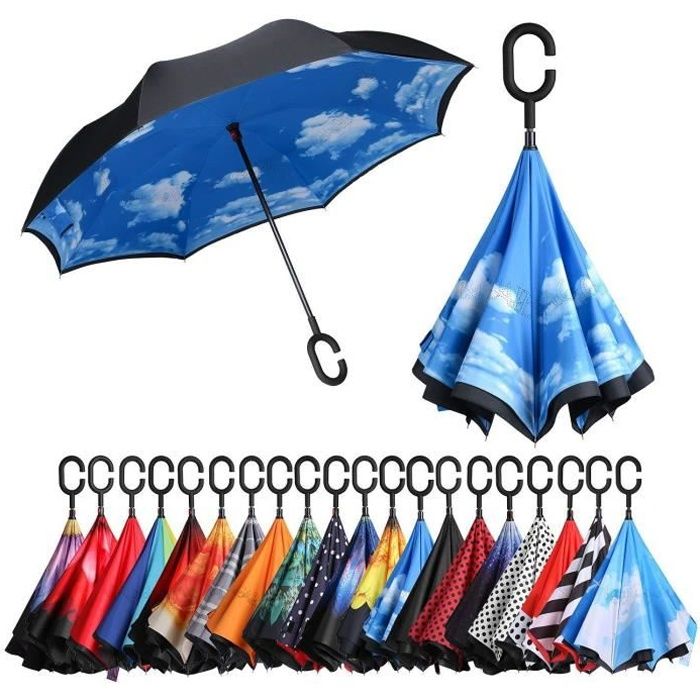 MNSRUU Parapluie double couche inversé Océan pliable coupe-vent protection UV à l/'envers pour voiture pluie avec poignée en forme de C