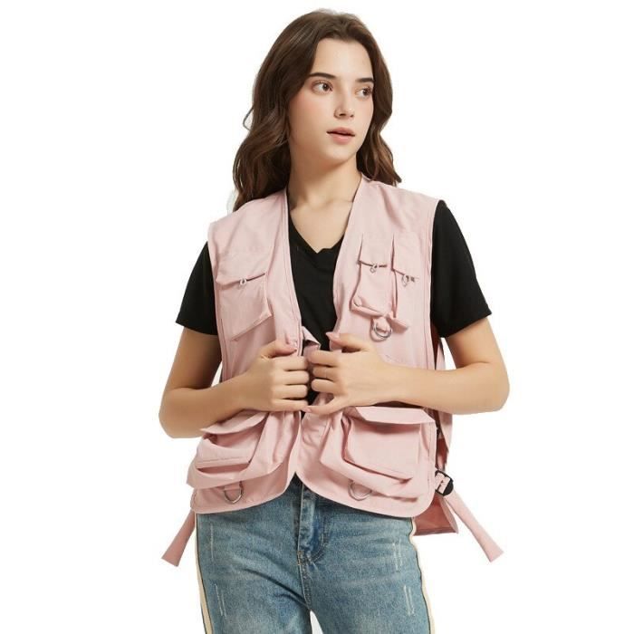 Couleur rose taille L Gilet multi poches pour homme et femme