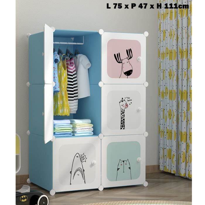 Armoire Penderie Bleu Meuble Rangement Enfant Avec Motifs D