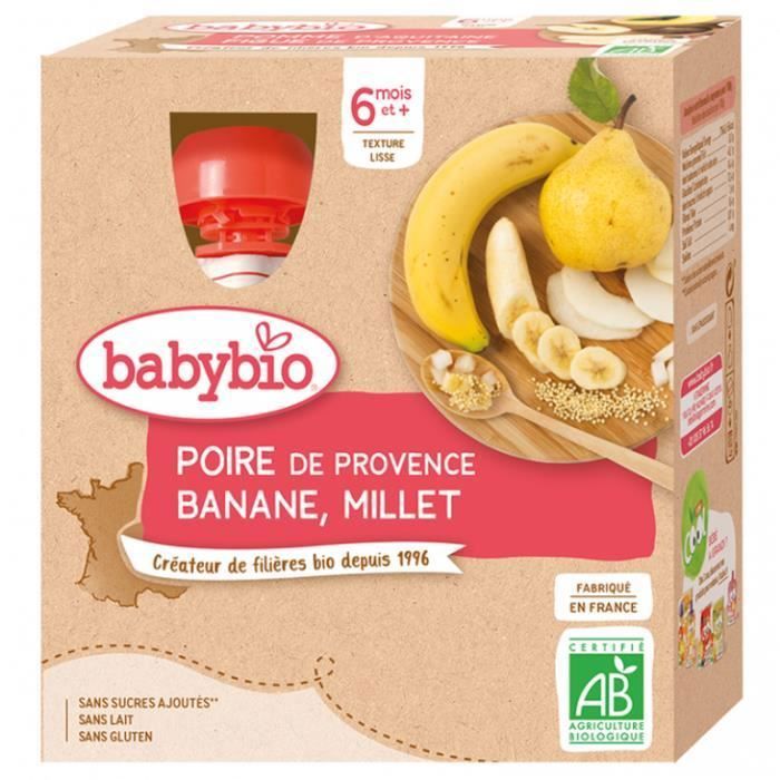 Babybio - Gourde Poire Banane Millet - Bio - 4x90g - Dès 6 mois