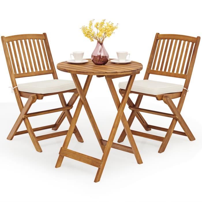 DREAMADE Ensemble de Salon de Jardin Pliable avec 2 Chaises et Table en Bois d’Acacia Massif et Coussins Doux pour Balcon