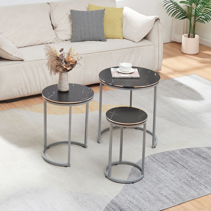 Set de 3 tables dappoint Bornholm rondes gigognes marbre noir argent