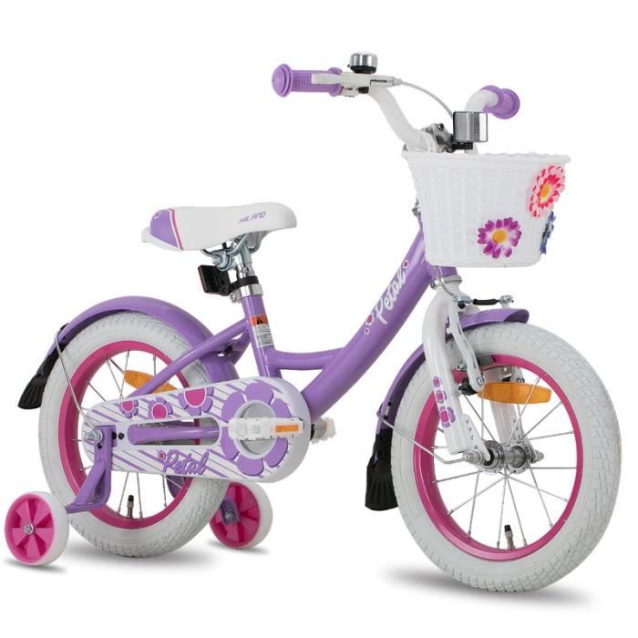 HILAND Vélo Enfant 14 Pouces pour Fille de 5-7 Ans, avec Panier et Roues stabilisatrices-Violet
