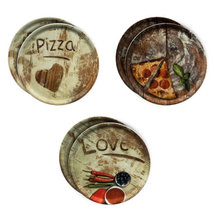 MamboCat Lot de 6 assiettes à pizza Black & White Noir & Blanc avec inscription