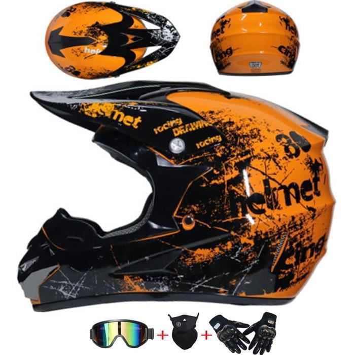 Casque Moto Cross Adultes Goggle+Gants+Masque-Orange et Noir, Casque Motocross Femme Homme Casque