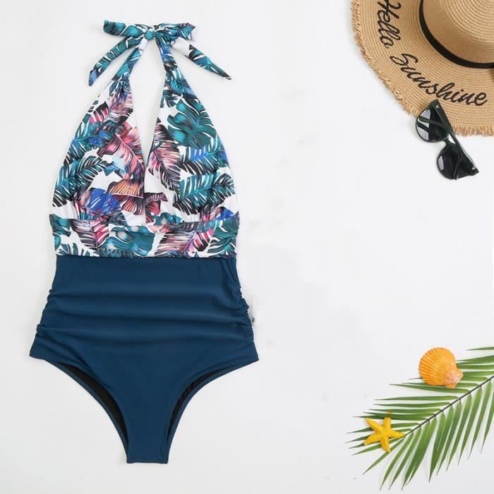 CUPSHE Maillot De Bain Une Pièce Pour Femme - Col Rond - Bretelles Réglables - Découpe Dans Le Dos - Style Bohème, Bleu Marine/floral, Taille L