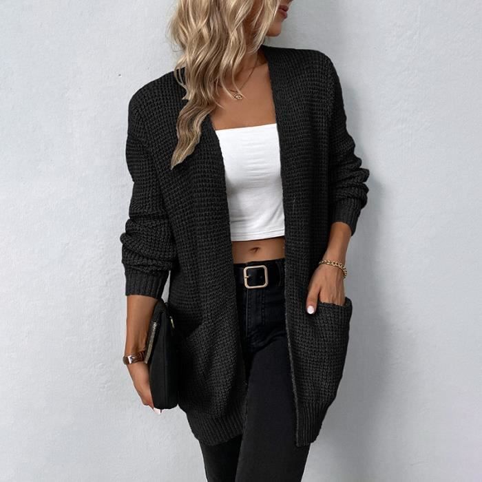 Gilet Femme Hiver Tricot Mi long Manches longues Casual Chaud Couleur unie