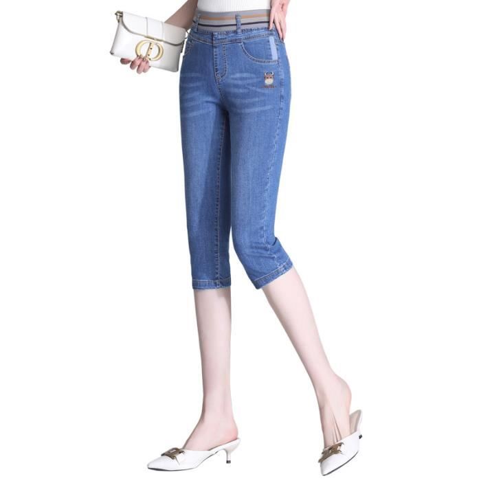 Pantacourt en Jeans Femme Ete Taille Haute Slim Fit Pantalon Court Stretch 5 Poches Effet Delave Bleu