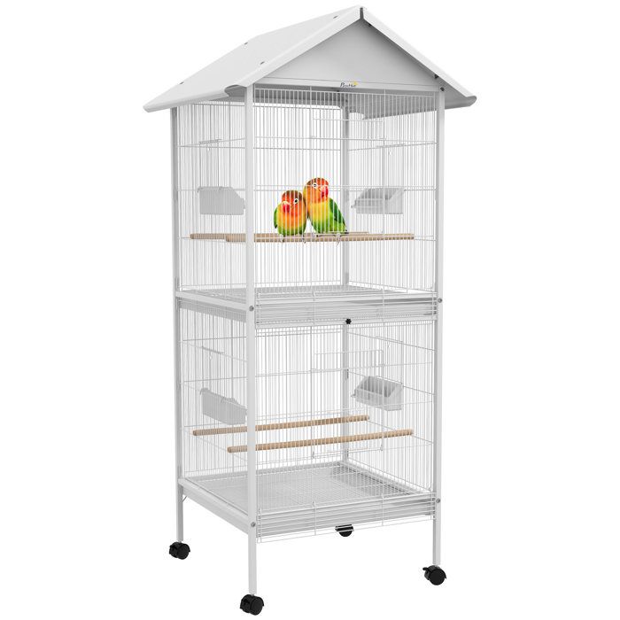 Volière intérieure - cage à oiseaux - PawHut - volière sur roulettes design maison mangeoires perchoirs - métal - blanc