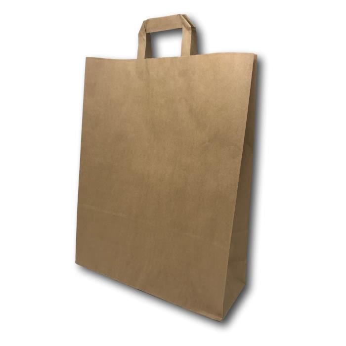 250 Sacs Papier Kraft Écru Moyen 16L – 32x40x12 Cm, Poignées Plates Solides, Papier 80g Biodégradable Et Résistant, Idéal Courses & Emballage
