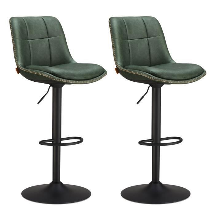 VASAGLE Tabourets de Bar Lot de 2 Siège Pivotant à Hauteur Réglable Matelassé en PU avec Dossier et Repose-Pieds Vert Forêt