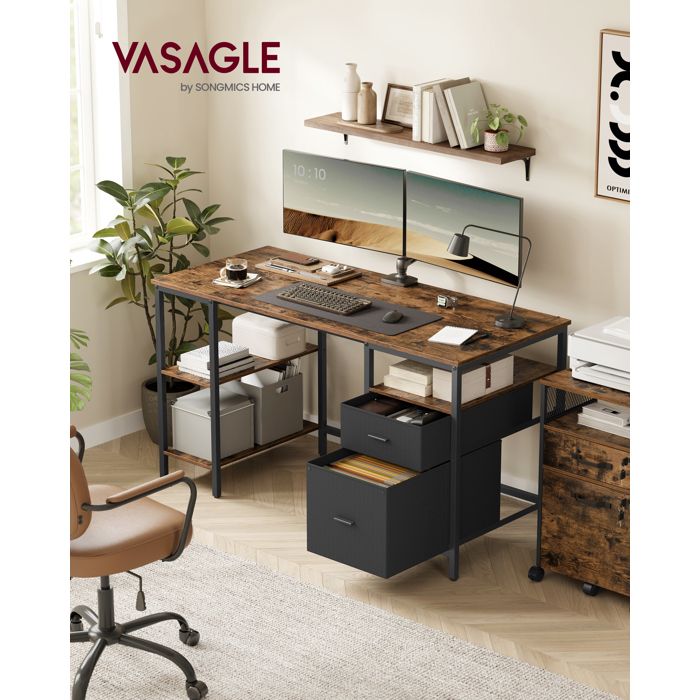 Bureau d’Ordinateur 3 Étagères 2 Tiroirs 60 x 140 x 76 cm pour Bureau Salon Style Industriel Marron Rustique et Noir