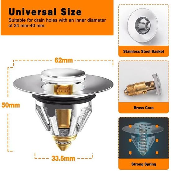 REZZI Bouchon D'évier Universel Pop-Up - Anti-blocage Et Anti-odeurs - Compatible Lavabo, évier, Baignoire (26-46mm)