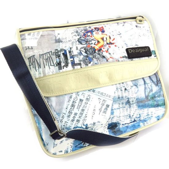 Sac A Main Desigual Bleu Geometrique En Coton Avec Poche Zippee
