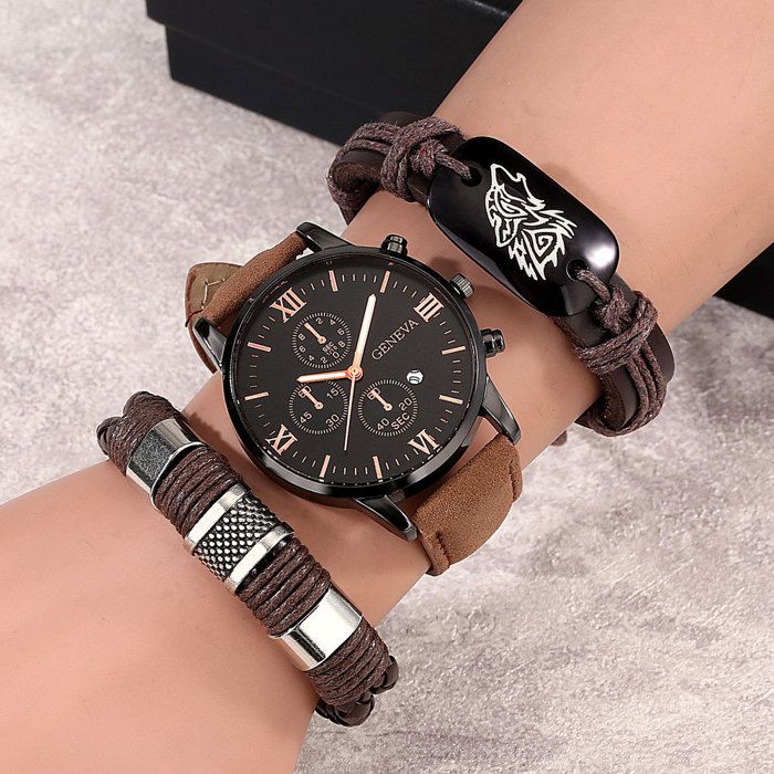 Montre Homme Quartz Avec Bracelet Cuir - Noir/marron, Style Sport Décontracté - Neuf Avec étiquettes