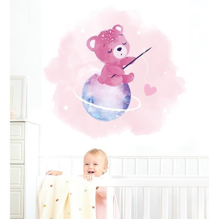 Stickers chambre bébé, stickers muraux enfants, autocollant animaux,  montgolfière éléphant rose étoiles -  France