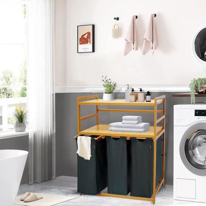 Panier à Linge 2 Compartiments Avec Étagère - Métal Robuste Et Tissu Imperméable 32x75x70cm