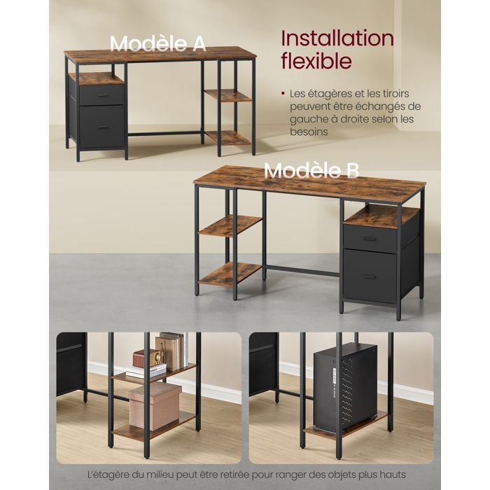 COSTWAY Bureau d'Ordinateur avec Tiroir et 2 Etagères de Rangement Bureau Informatique avec Plateau à Clavier Noir - Maison