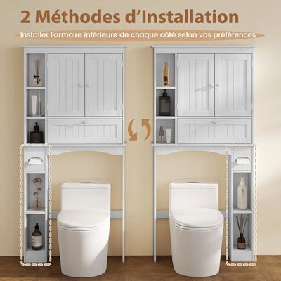Meuble Rangement Salle De Bain Meuble WC COSTWAY Blanc - Étagère Rangement Salle De Bain | Placard 2 Portes Verre Trempé Placard Salle Bain Verre