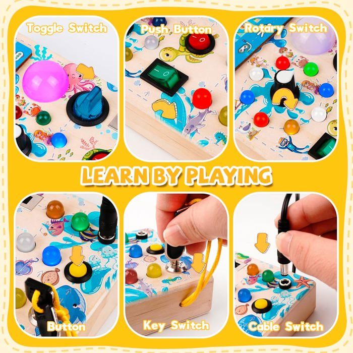 Jellybibo Busy Board Montessori – Volant, Interrupteurs LED, Alphabet, Jouet Sensoriel Bois Dès 1 An