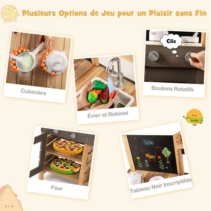 COSTWAY – Cuisine Extérieure Enfant En Bois Avec Tableau Noir Et Four – Évier, Robinet Et 5 Accessoires – Dès 3 Ans