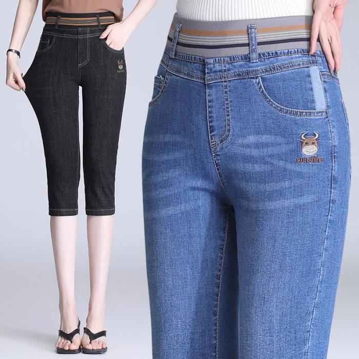 Pantacourt en Jeans Femme Ete Taille Haute Slim Fit Pantalon Court Stretch 5 Poches Effet Delave Bleu