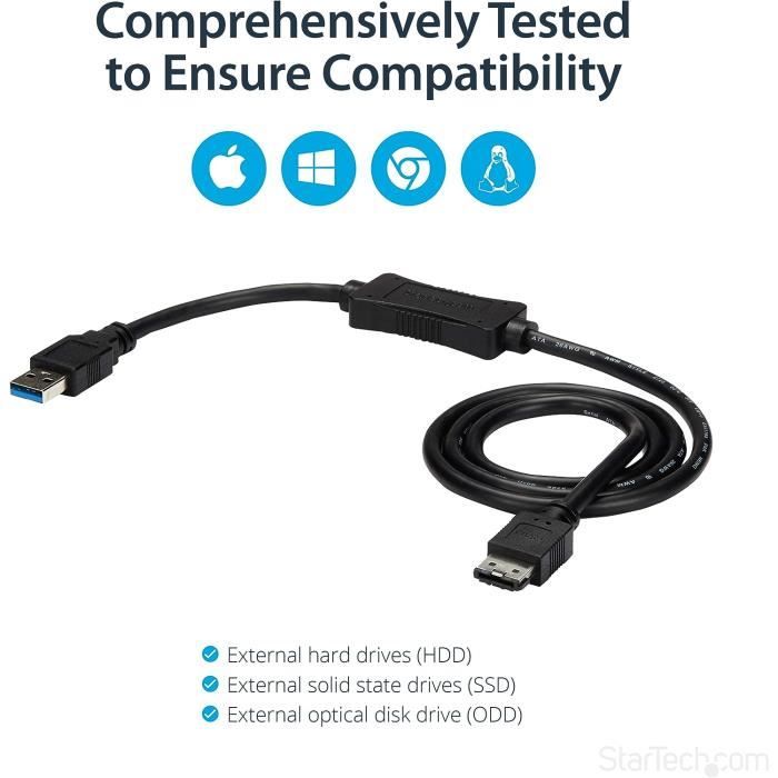Câble USB 3.0 Vers ESATA + Alimentation - Convertisseur Pour Disque Dur, SSD - Transfert 5 Gbit/s