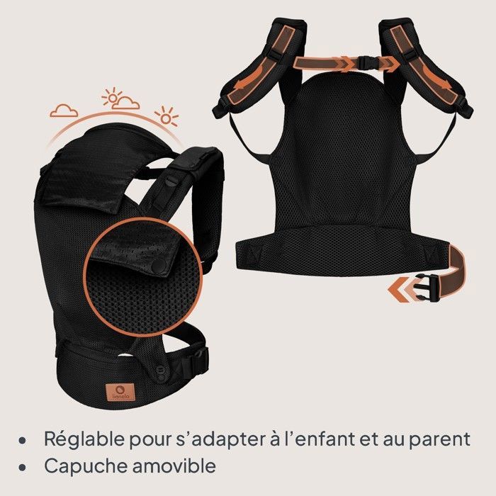 Lionelo Margareet drager 22 x 10 x 23 cm voor kinderen tot 20 kg, vanaf 4M, 3 draagposities, inschuifbare kap, brede tailleband met dubbele bescherming, katoenen riembeschermers,Zwart-Grijs : Lionelo