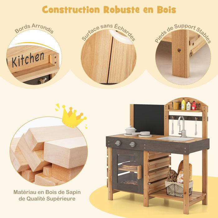 COSTWAY – Cuisine Extérieure Enfant En Bois Avec Tableau Noir Et Four – Évier, Robinet Et 5 Accessoires – Dès 3 Ans