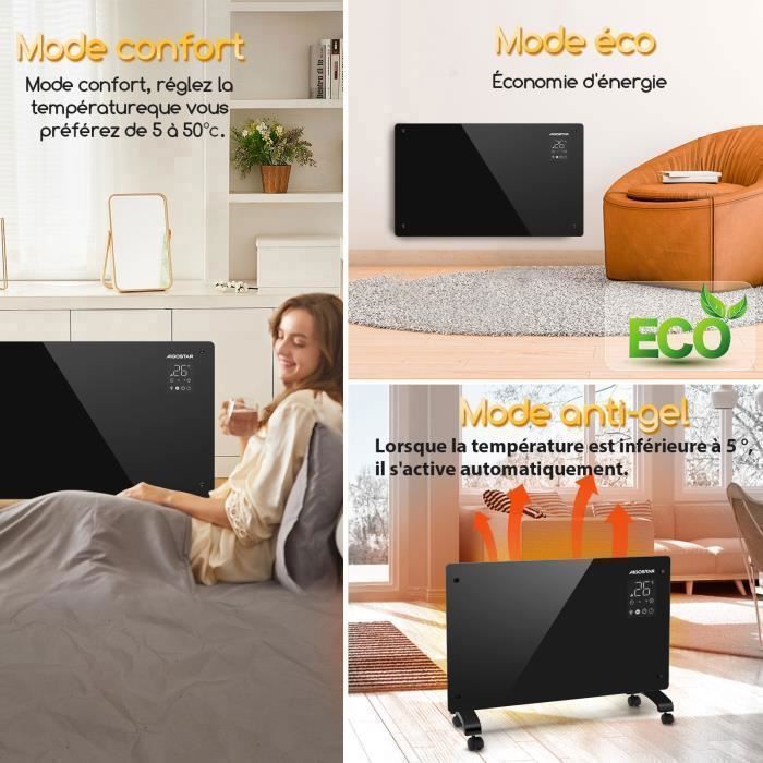 Radiateur Electrique Connecté 2500W VONROC - Panneau Verre, WiFi (App Tuya), Thermostat, IP24 - Chauffage Jusqu'à 30 M²