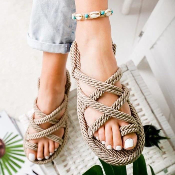 Sandales a plateforme bohemes pour femmes plate forme plate en corde de lin femme bout ouvert chaussures enfiler