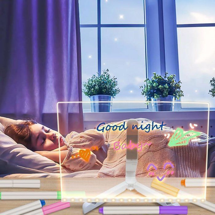 Tableau Lumineux Message LED 30x20cm Double Face - Acrylique Essuyable Avec Support Réglable, Chiffon Et 7 Stylos Couleur - Idéal Maison & Bureau