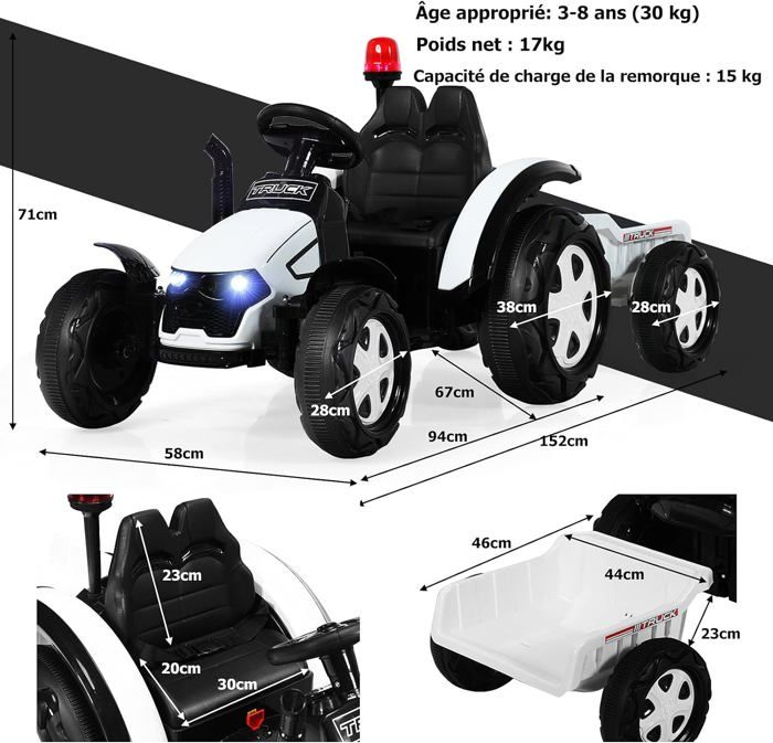 GOPLUS Tracteur Electrique avec Remorque 12V pour Enfants 3 Ans+, Phare à LED, Musique, Télécommande Parental, Charge Max 30KG (Noir