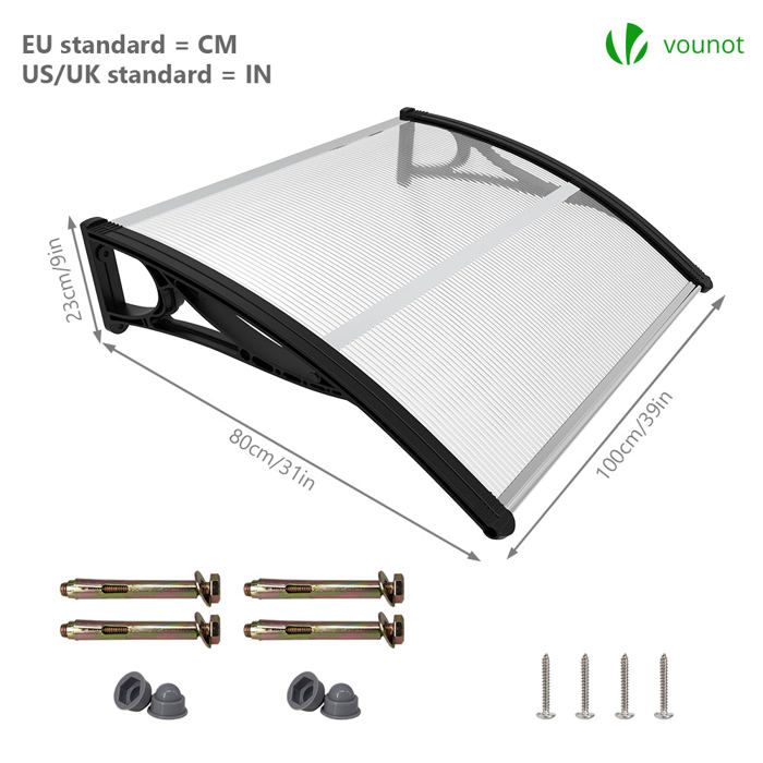 AZHANGYB - Auvent De Porte En Polycarbonate Transparent 80x130 Cm - Support En Alliage Aluminium Noir - Protection UV Et Pluie