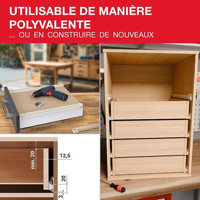 Glissières De Tiroir 310 Mm – Rainure 17 Mm, Montage Sous Plan, Lot De 4, Argenté
