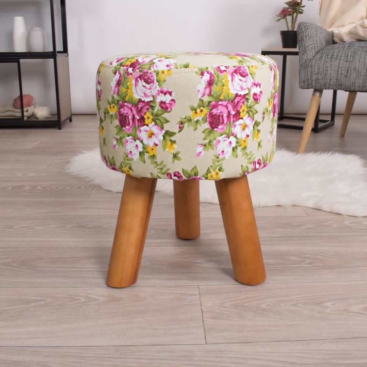 Style Ethnique Coloris NOIR et BLANC Tabouret pouf rond stable et robuste
