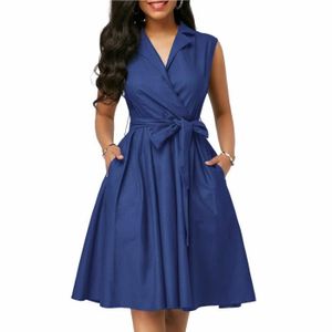 ROBE ROBE Solide taille sans manches revers dentelle a - line navetteur robe moyenne longue taille pour femmes Bleu de Berlin