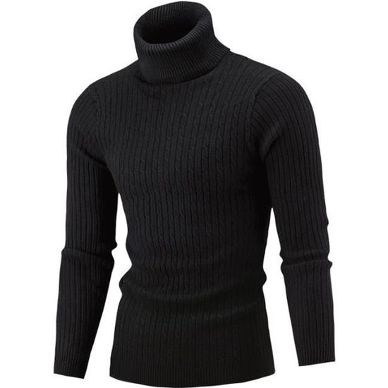 Pull homme Col roule LEOCLOTHO Noir Bordures cotelees Coupe classique taillant normalement Noir Cdiscount Pret a Porter