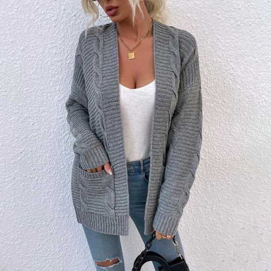 Cardigan Femme Long Et Ouvert - Tissu épais Et Chaud - Manches Longues - Coupe Ample Décontractée - Pour Automne Et Hiver