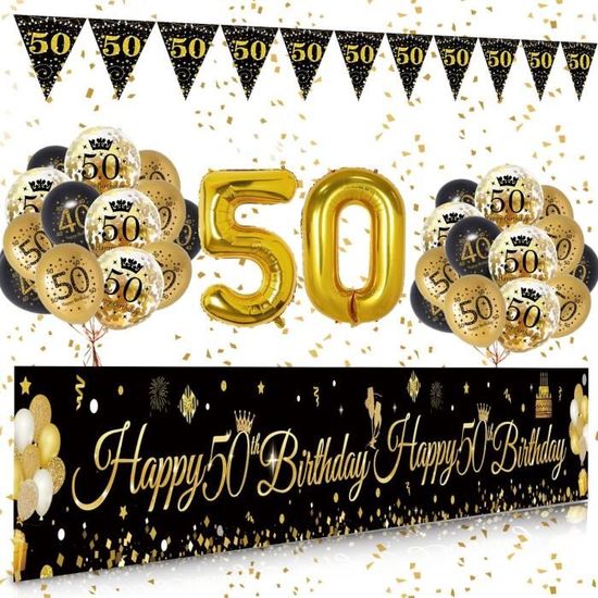 Bannière Anniversaire 50 Ans Or Et Noir 180x115 Cm - Décoration Mariage D'Or 50 Ans Et Fête D'Anniversaire