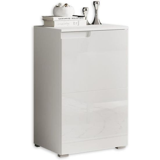 Commode Blanche Brillante 65x80x40 Cm - Buffet Salon Moderne, Rangement Spacieux - Montage Facile