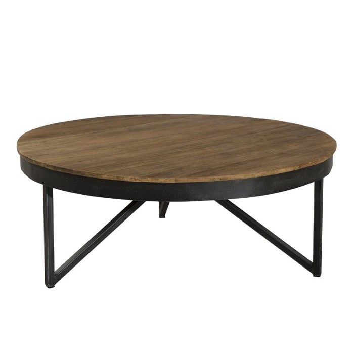 Table basse ronde - En bois teck + pieds en métal - Marron naturel - Style industriel - Sur pieds - Ø 90 cm