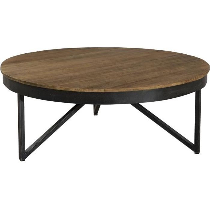 MACABANE ALIDA - Table basse ronde 90x90cm plateau teck recyclé pied métal noir