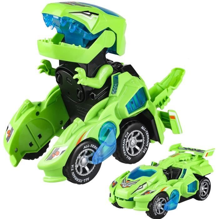 Transformer Dinosaure Jouet Enfant,Jeux Transformable 2 en 1 Switch and Go Dino avec Lumière Musique Garcon Fille 4 à 10 Ans - Vert